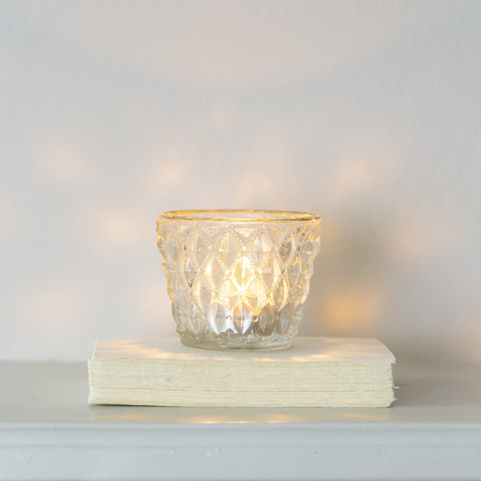 Tealight Holder Pressed Diamond With Gold Rim Small