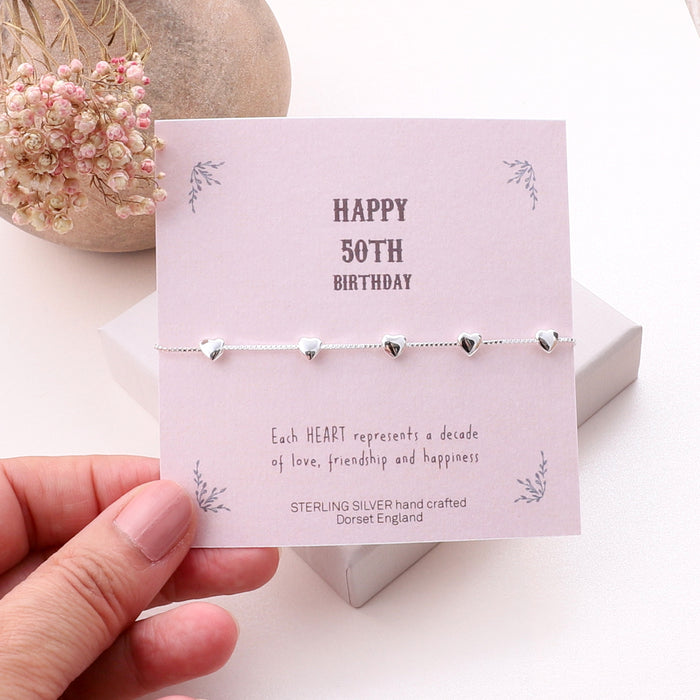 50th Birthday Sterling Silver Hearts Bracelet