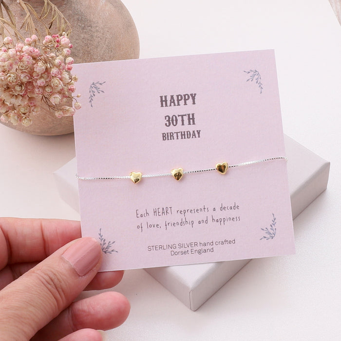 30th Birthday Sterling Silver Hearts Bracelet