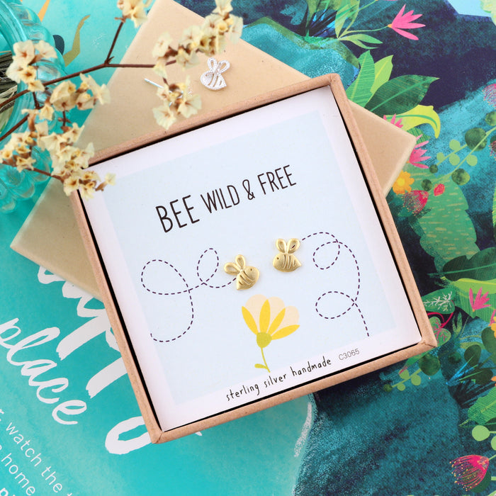 'Bee Wild And Free' Sterling Silver Bee Earrings