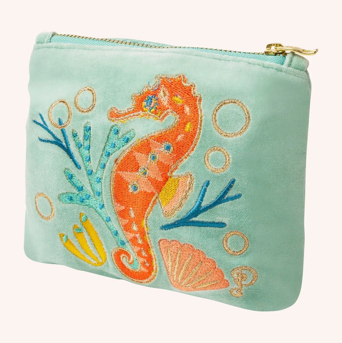 VELVET MINI POUCH - SPARKLING SEAHORSE, AQUA