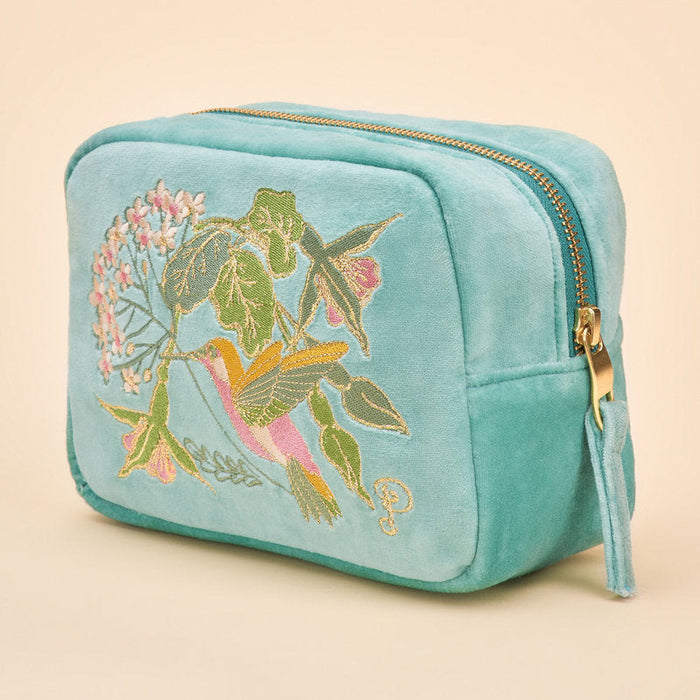 Velvet Embroidered Make Up Bag - Hummingbird, Aqua