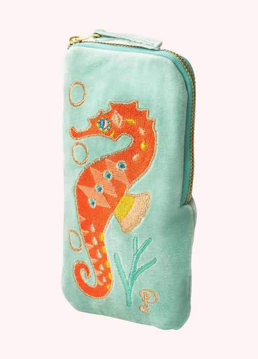 VELVET SUNGLASSES POUCH - SPARKLING SEAHORSE, AQUA