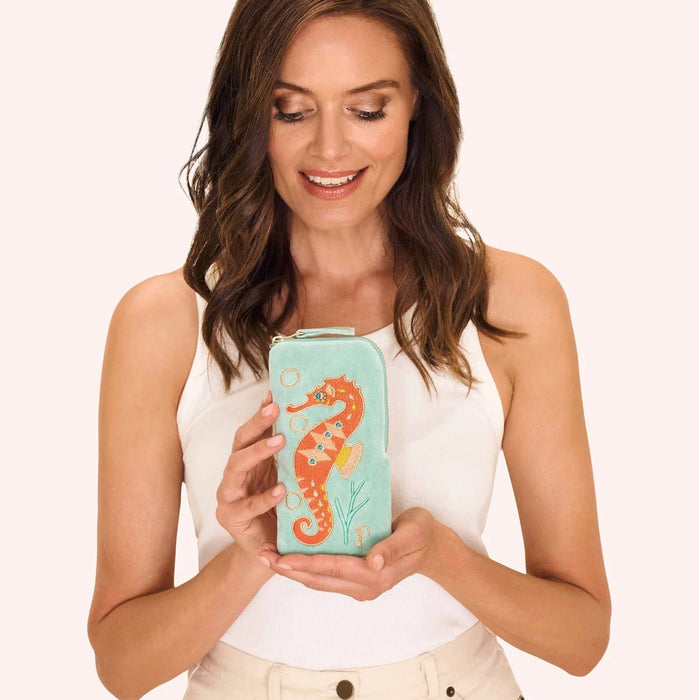 VELVET SUNGLASSES POUCH - SPARKLING SEAHORSE, AQUA