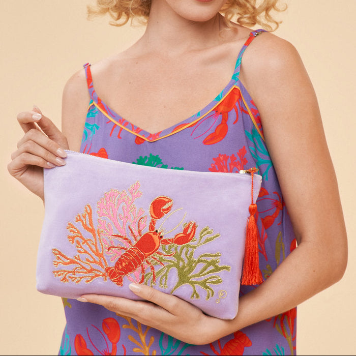 Velvet Embroidered Zip Pouch - Lobster Buddies, Lavender