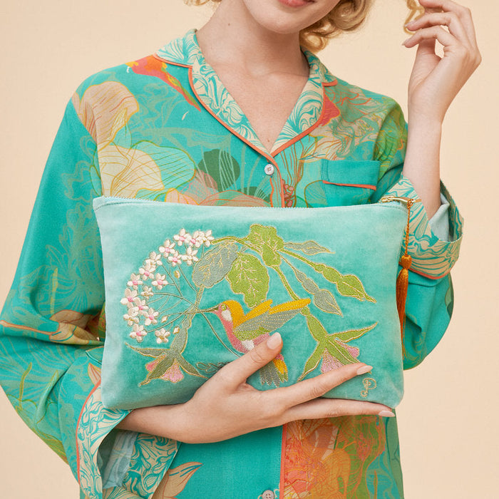 Velvet Embroidered Zip Pouch - Hummingbird, Aqua