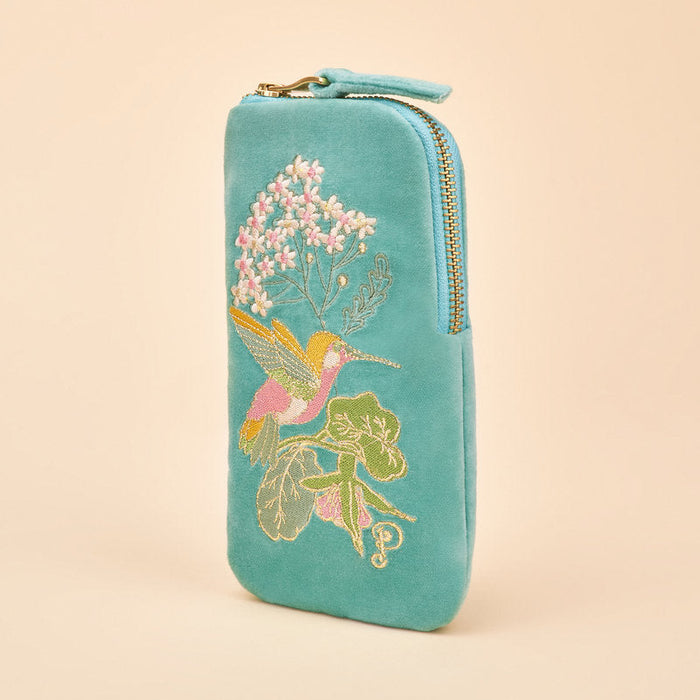 Velvet Embroidered Sunglasses Pouch - Hummingbird, Aqua