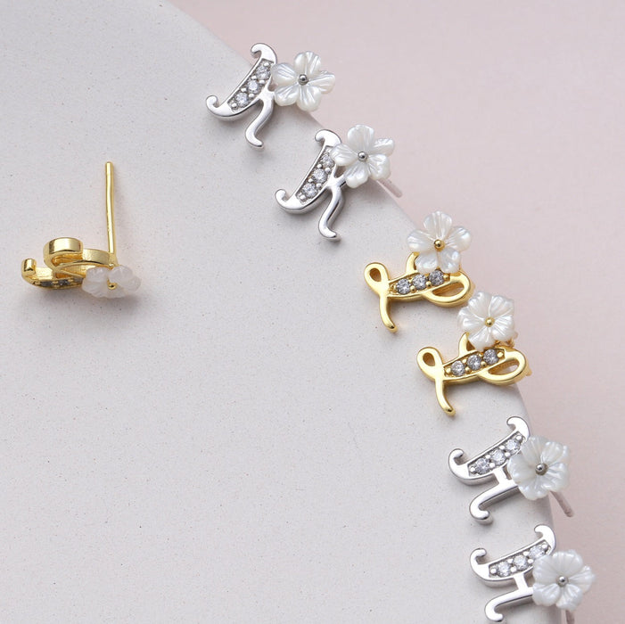 Sterling silver floral alphabet necklace or earring studs ABCD