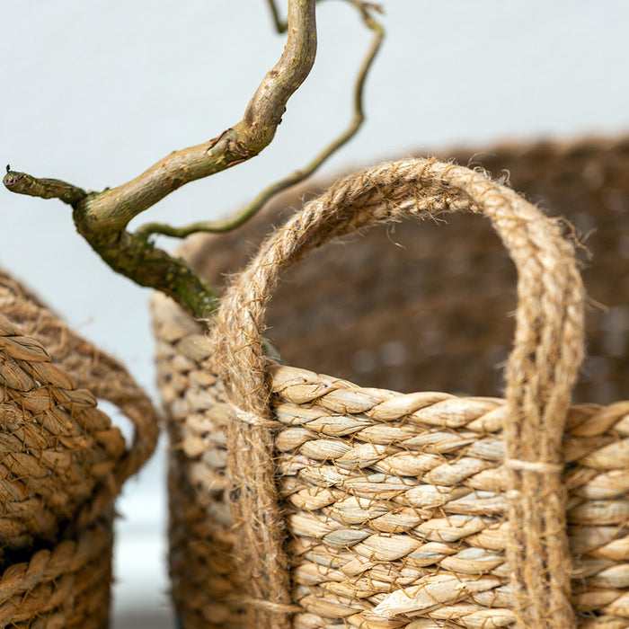 Straw and Corn Basket with Blue Weaving Set of 3
