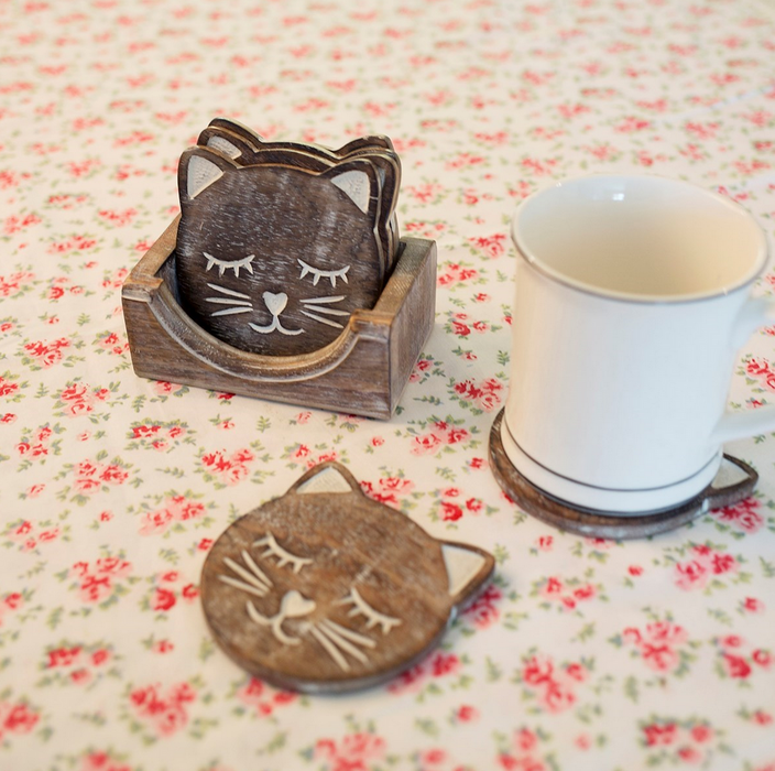 Wooden Brown Carved Cat Coaster - Set of 6sass & Belle 