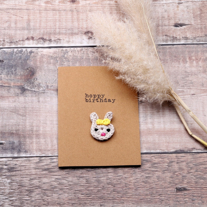 Personalisable greeting cards with small crochet bunny "hoppy birthday"
