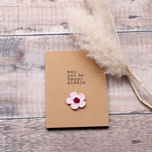 Personalisable greeting cards with crochet pink flower "May you always be happy"
