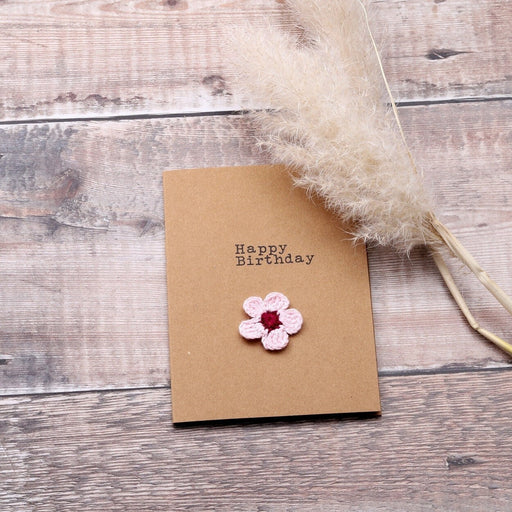 Personalisable greeting cards with crochet pink flower "Happy Birthday"