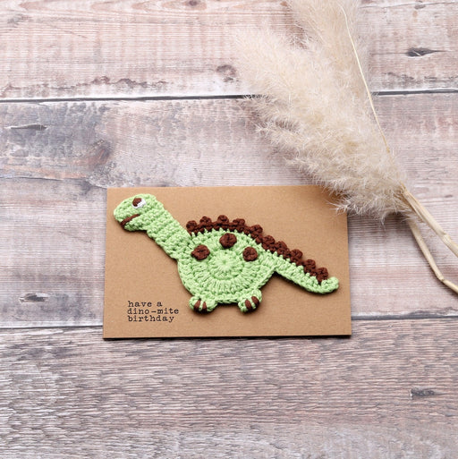 Personalisable greeting cards with crochet dinosaur "Have a dino-mite birthday"