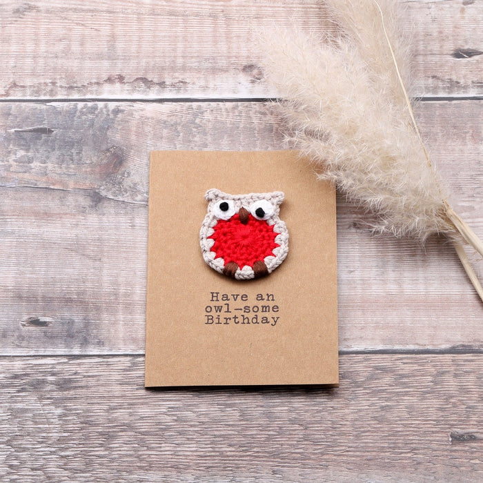 Personalisable greeting cards with crochet owl "Have an owl-some birthday"