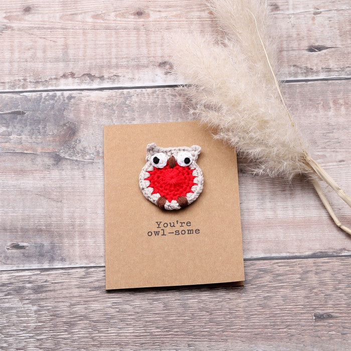 Personalisable greeting cards with crochet owl "You're Owl-some"