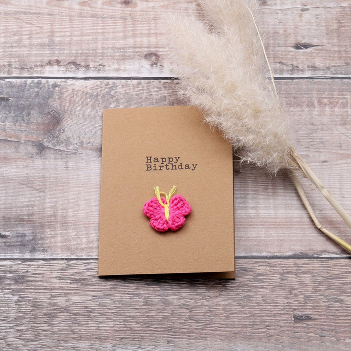 Personalisable greeting cards with crochet butterfly for "happy birthday"