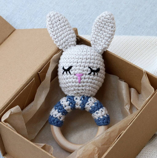 Hand Crochet Blue Stripe Bunny Rattle Teether