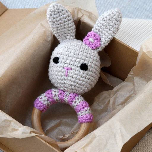 Hand Crochet Pink Stripe Bunny Rattle Teether