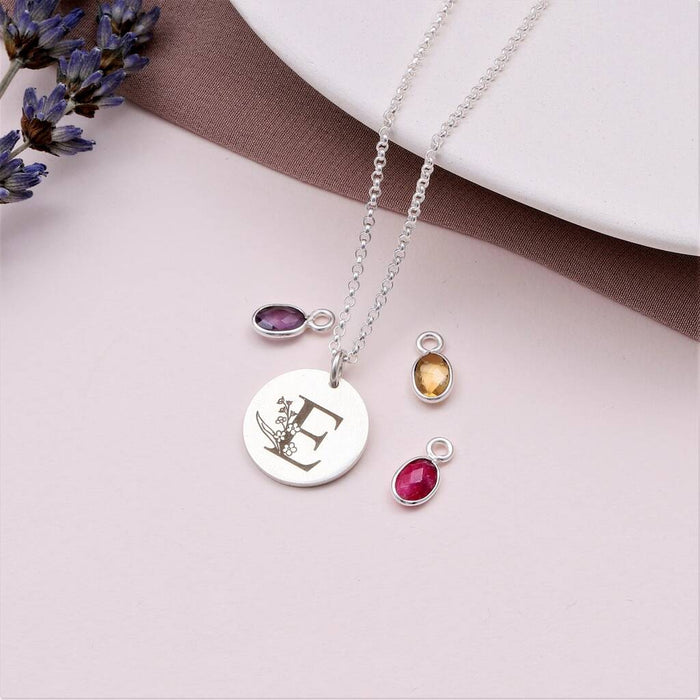 Sterling Silver Birthstone With Floral Initial Necklace